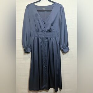 J. Crew Satin A Line Button Front Midi Dress, Vintage Inspired, Size 4 Navy Blue